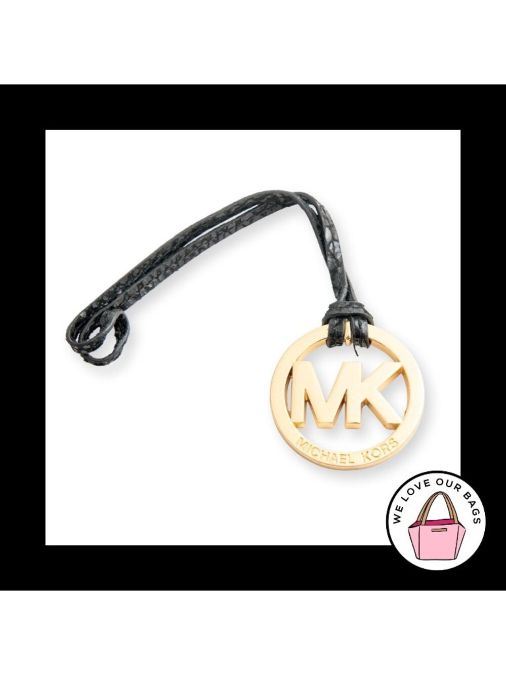 MICHAEL KORS Gold Brass Black Leather Strap Bag Charm Hang Tag Keychain Fob